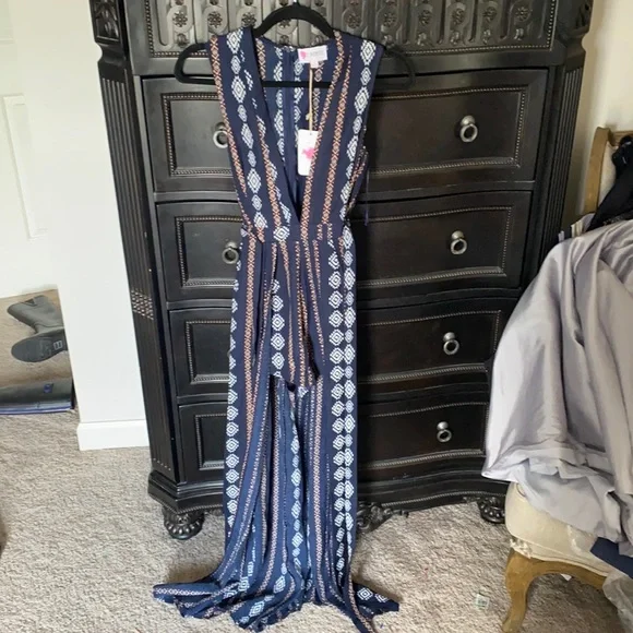 L'ATISTE | Dresses | Nwt Latiste Navy Blue Orange Maxi Romper Dress With  Built In Shorts Size S | Poshmark